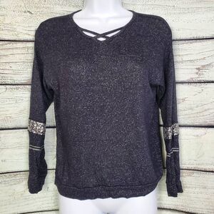 Daytrip Black & White Marled Long Sleeve Top with Lace Sleeve Detail – Size M